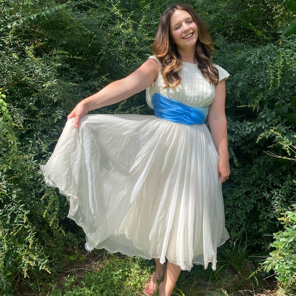 Vintage white dress with two tone blue and white tulle